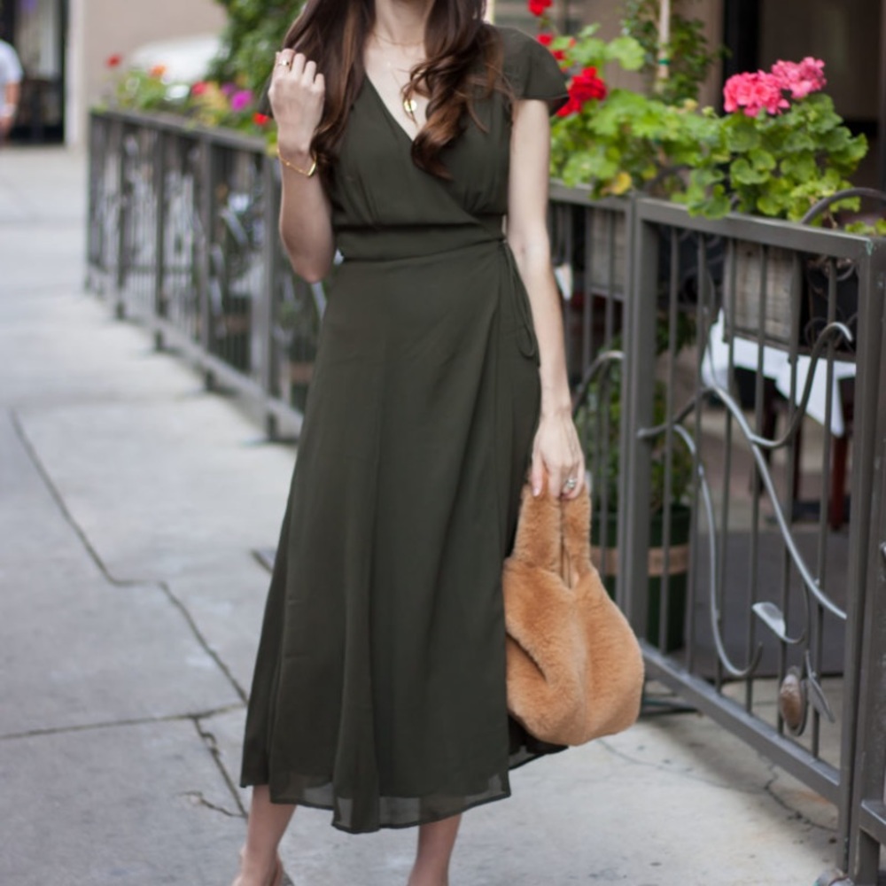 //SOLD// Reformation Forest Green Wrap MIDI Dress